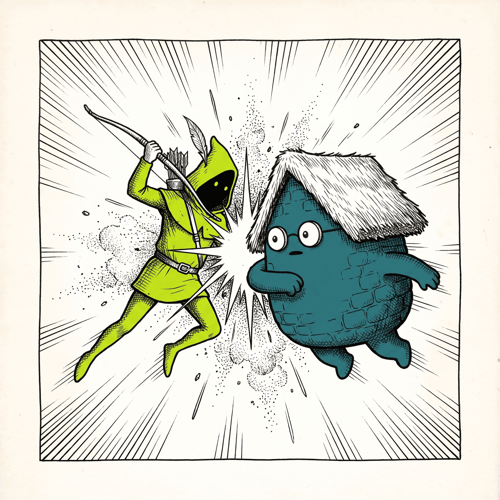 The archer and the cottage collide mid-air in a burst of ink.