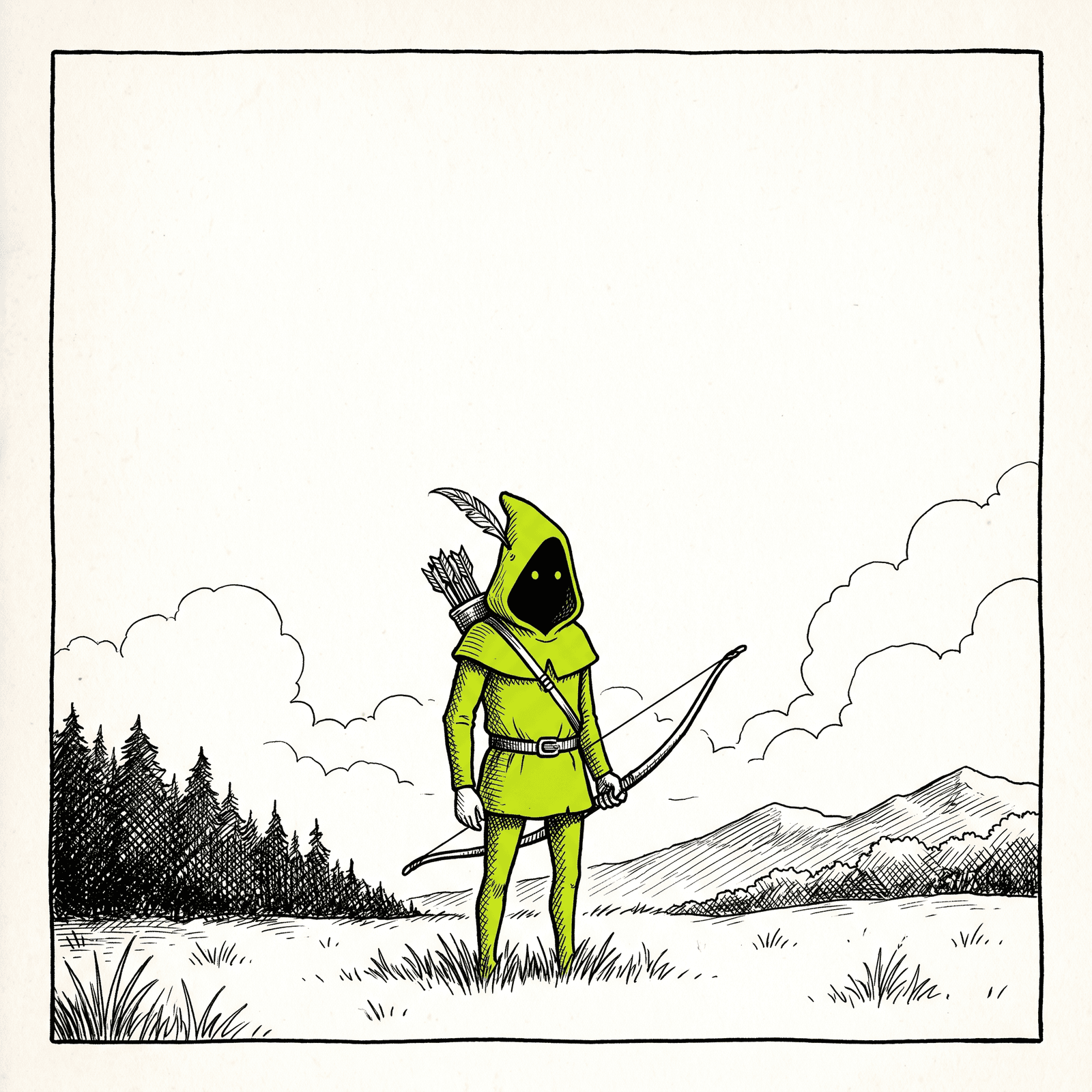 A hooded archer in lime, bow in hand, standing in a field before a treeline.