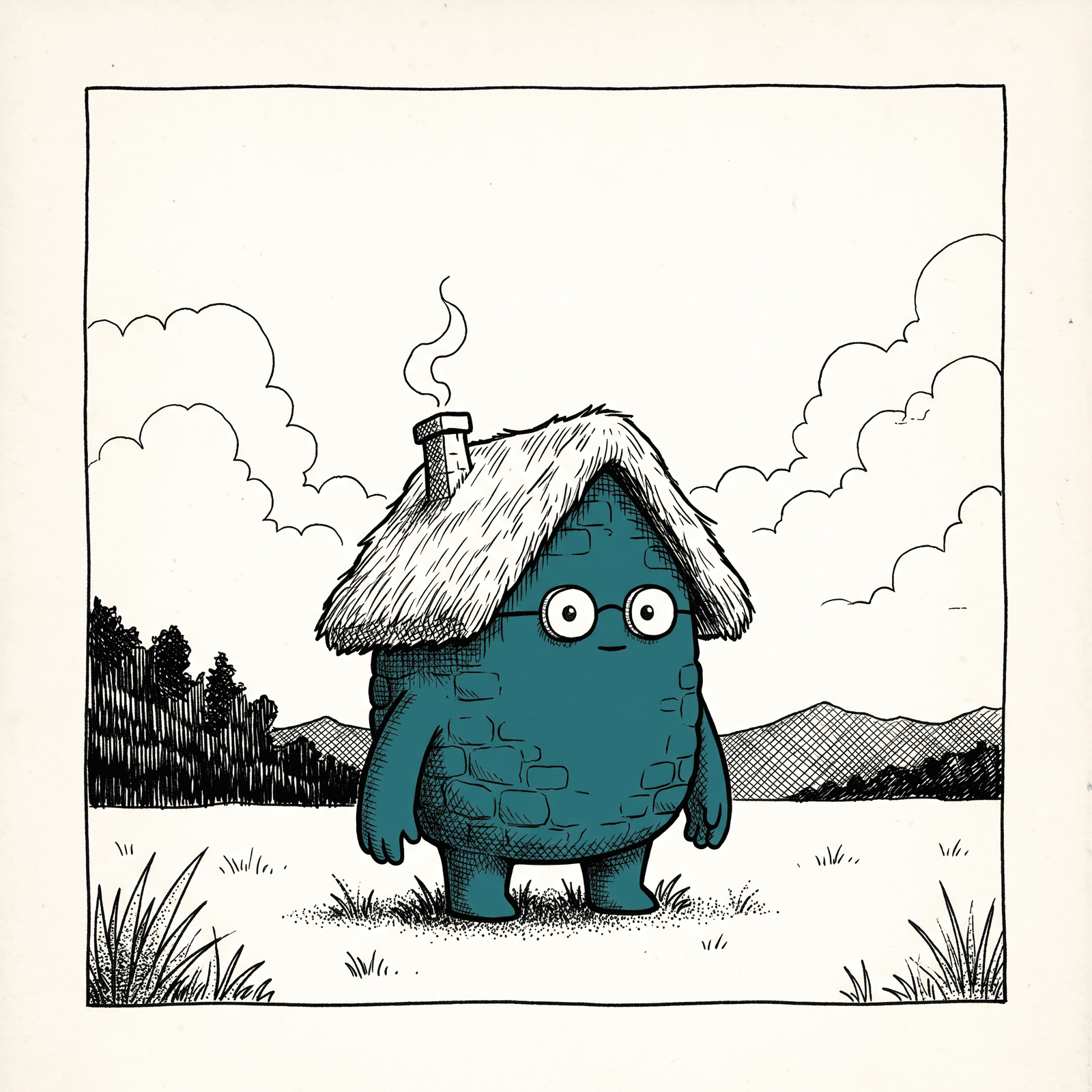 A small teal stone cottage with legs, spectacles and a thatched roof, smoke rising from its chimney.